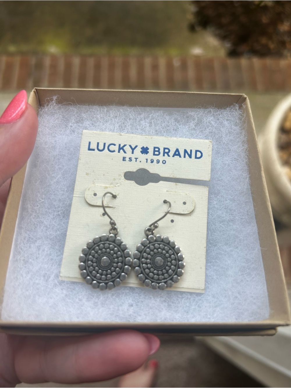 Lucky Brand Antique Silver Circular Dot Drop Earrings - Gray-Silver